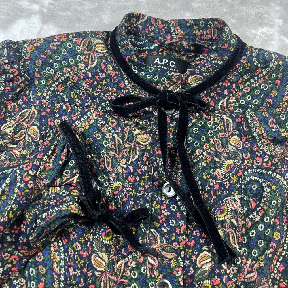 A.P.C. Women'sโ 34 Midi Dress Multi Paisley Floral Tie Button Front Long Sleeve